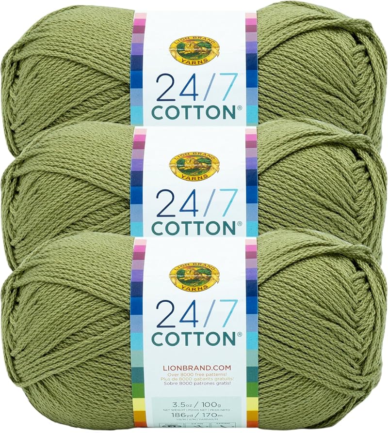Lion Brand 24/7 Cotton Yarn Bay Leaf 3 Pack 100% Mercerized Cotton