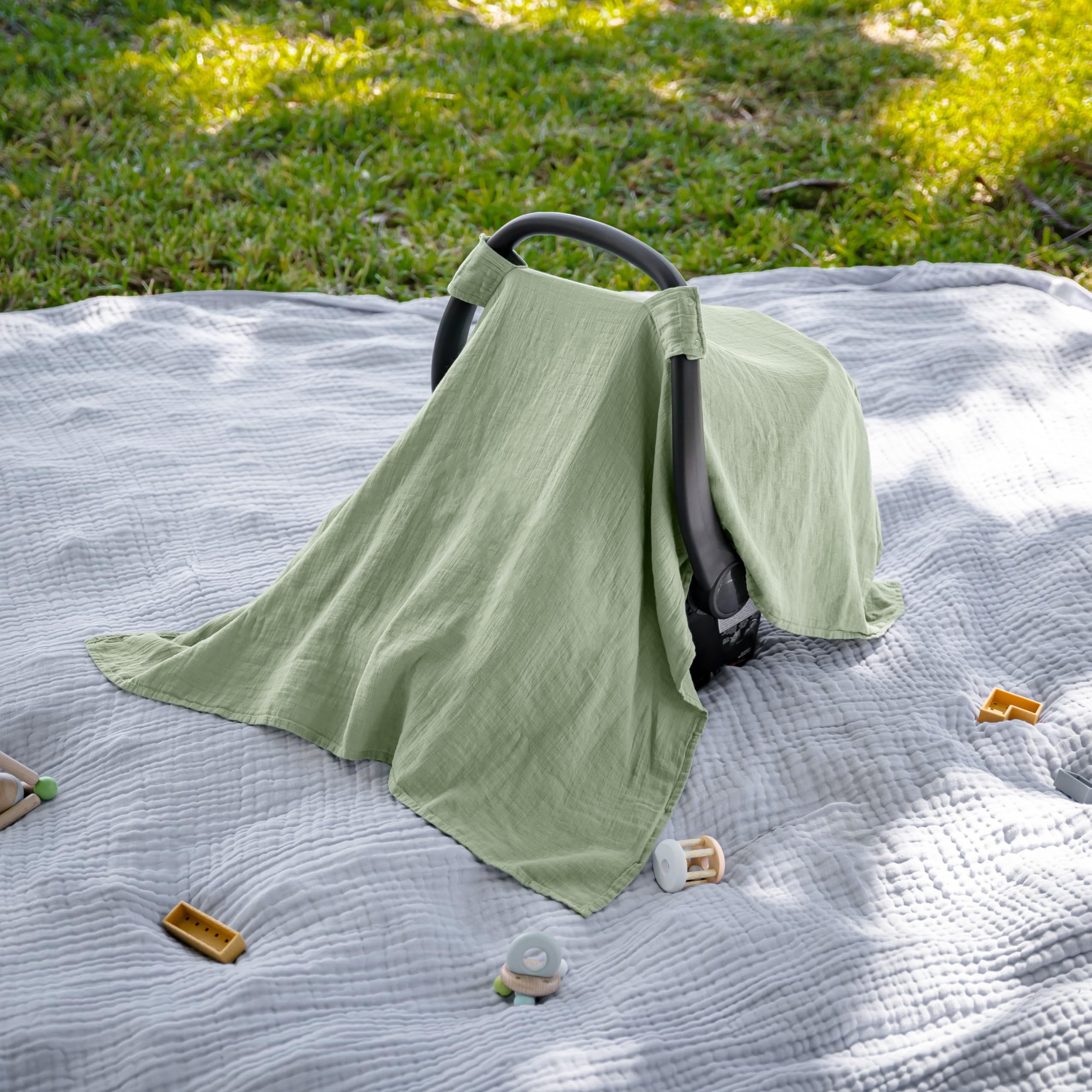 Comfy Cubs Baby Car Seat Cover - Soft, Breathable Bamboo Rayon and Muslin Cotton Blend - Lightweight Canopy for Sun, Bug, and Comfort Protection - Large Size Infant Seat Cover in Sage Design
