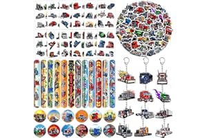 JIUGUOBAO 98 PCS Semi Truck Party Favors, Semi Truck Temporary Tattoos Slap Bracelets Keychains Stickers Badges for Semi Truc
