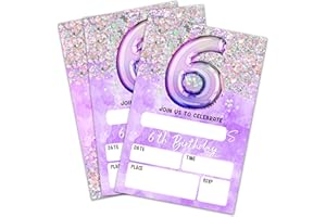 AKTFV 6Th Birthday Invitation Cards, Holographic Balloons Double-Sided Fill In Style Birthday Invites With Envelopes, Glitter Purple 6 Years Old Invitations For Girls, Teen, Party Favor & Supplies - A15