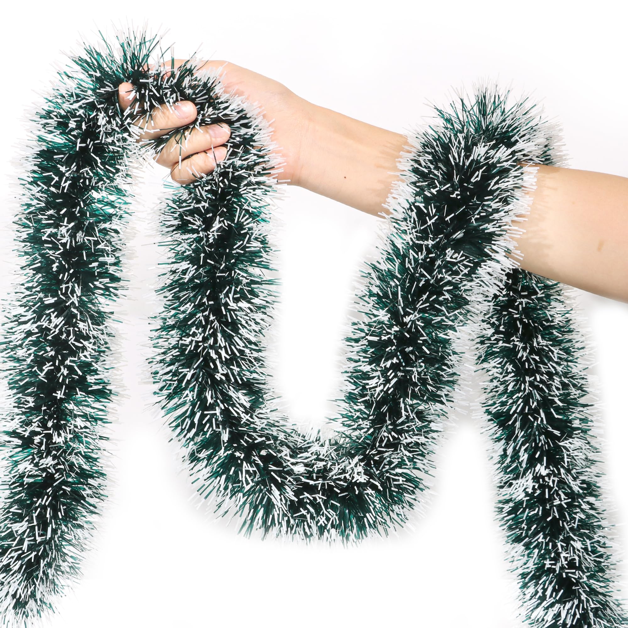 View 1 of 50 Ft Green Christmas Tinsel Garland for Christmas Tree Decorations, Xmas Metallic Twist Shiny Hanging Garland Decor for Mantle Stairs Fireplace Home Holiday Indoor Outdoor