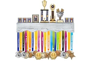 LAVIEVERT Medal Hanger Display with LED Lights, Wall-Mounted Trophy Shelf, Wooden Medal Holder Rack for Gymnastics, Soccer, Basketball, Baseball, Running Race Honors