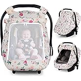 Rquite Car Seat Cover Baby, Carseat Covers Girl Boy, Breathable Muslin Cotton, Large Mesh Window, Infant Car Seat Canopy Baby Carrier Cover Stroller Sun Shade for Summer & Hot Day