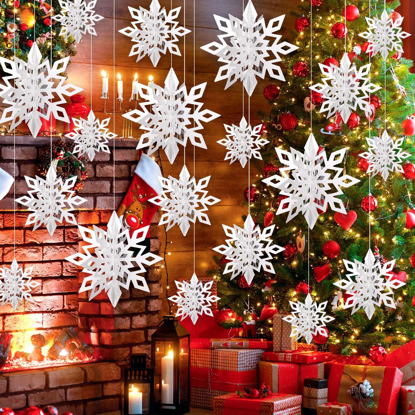 Photo 1 of 12 Pcs Hanging Snowflake Decorations, 3D White Paper Snowflake Ornaments, Large Snow Flakes Garland for Christmas Party Holiday New Year Home Decorations