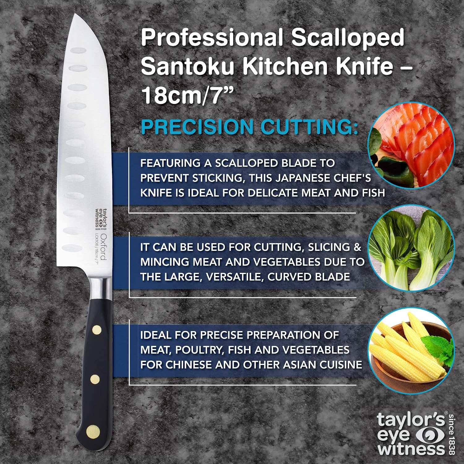 Taylors Eye Witness Oxford Professional Scalloped Santoku Knife, 17cm/7” Full Tang Blade - Image 4