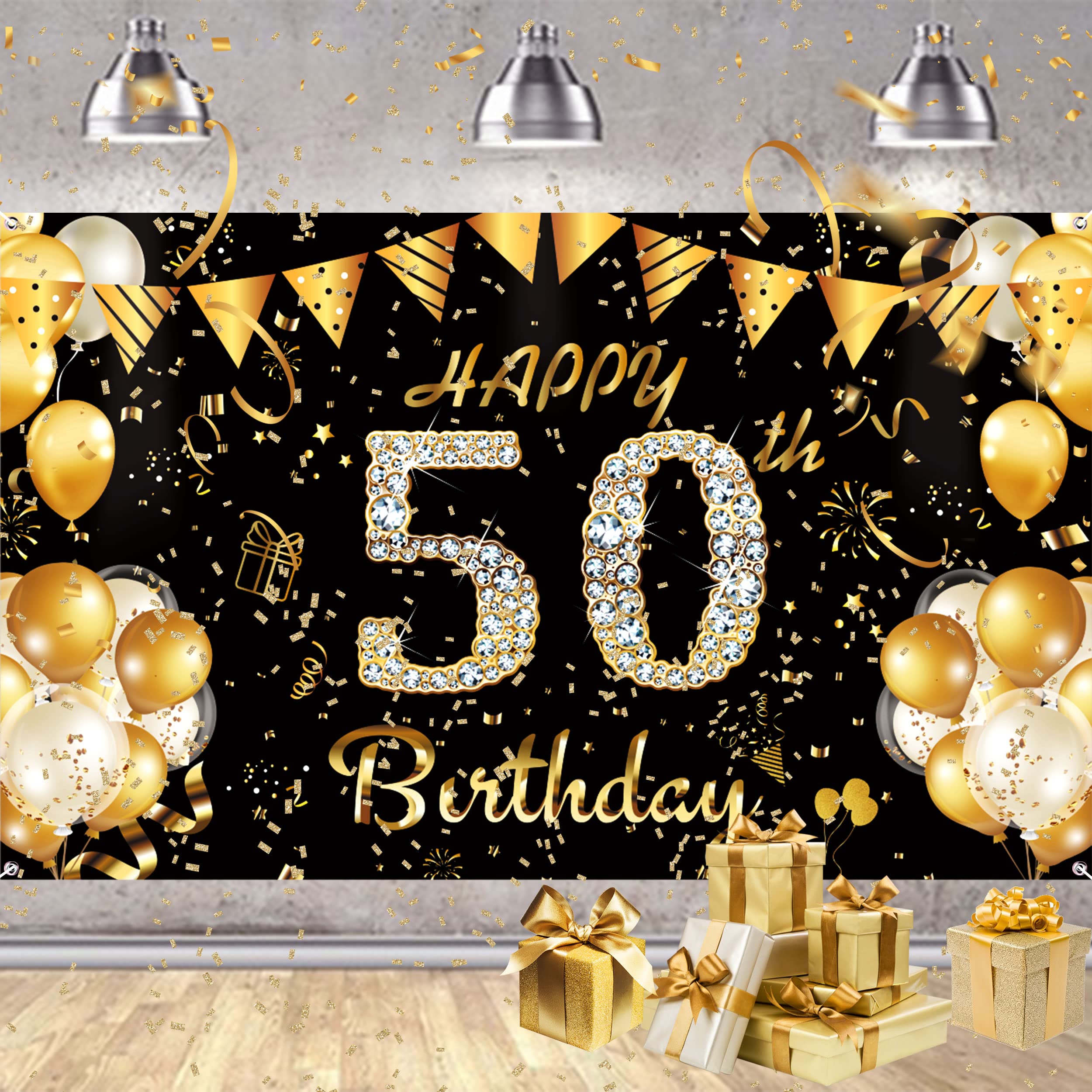 AOLOA 50th Happy Birthday Backdrop Banner - Large Black & Gold Happy Birthday Banners Bunting Balloon Fireworks Party Sign 50th Photo Booth Backdrop Party Decorations Supplies for Men Women