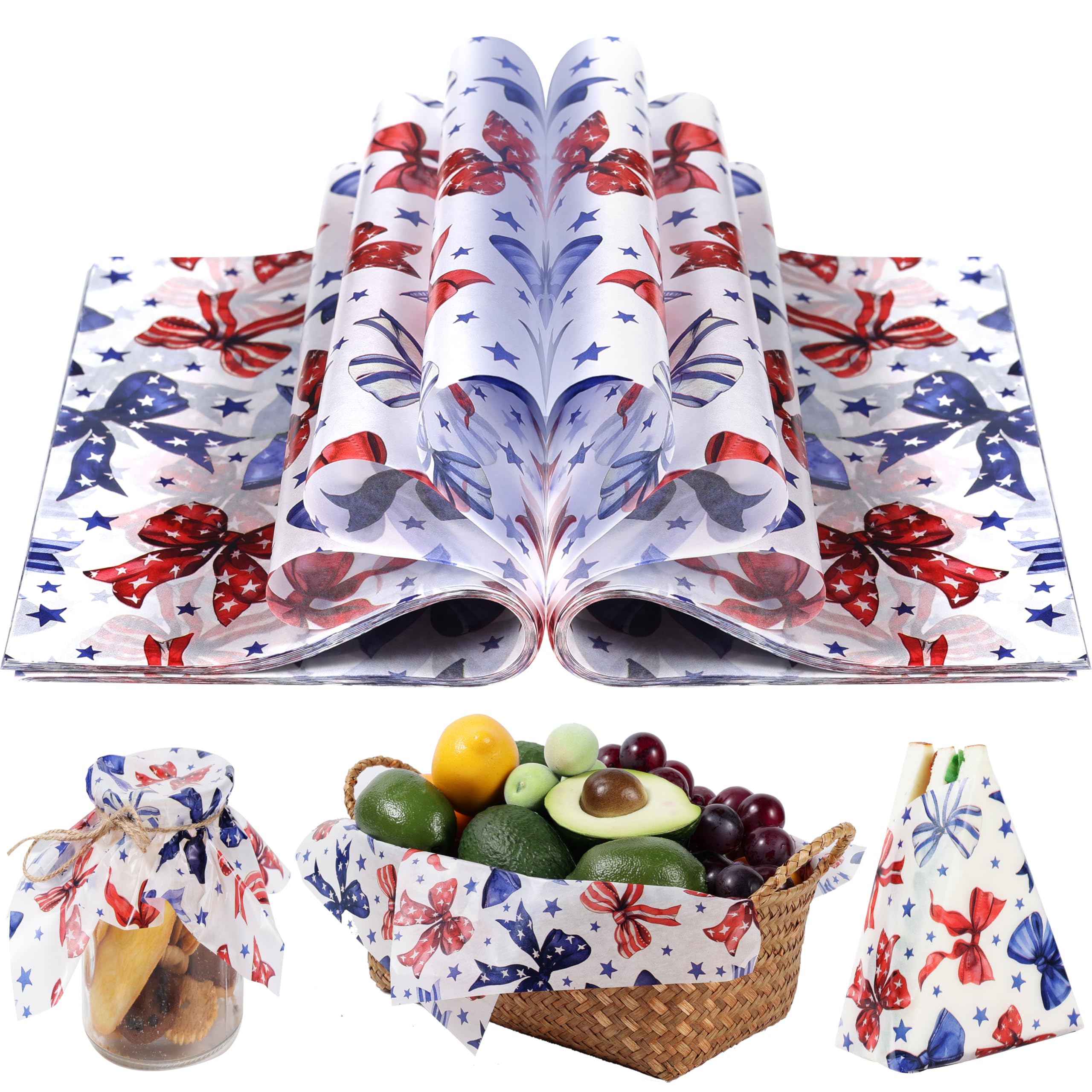 Photo 1 of 150 Sheets Red White Blue Bows Wax Paper Sheets for Food, 9.8 x 8.3 inch Patriotic Ribbons Patterns Greaseproof Wrapping Paper for 4th of July Party Sandwich Picnic Basket Liner Supplies