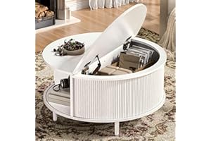 BEROXII Round Coffee Table, 31.5" Fluted Center Table with Storage, Lift-Top Coffee Table with Adjustable Footpads, Sliding Door, Mid-Century Modern Center Table for Living Room, Small Space (White)