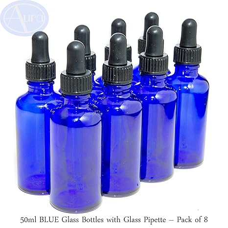 8er-PACKUNG - 50ml BLAUGLAS-Flaschen mit GLAS-Pipetten. Ätherisches Öl / Verwendung in Aromatherapie