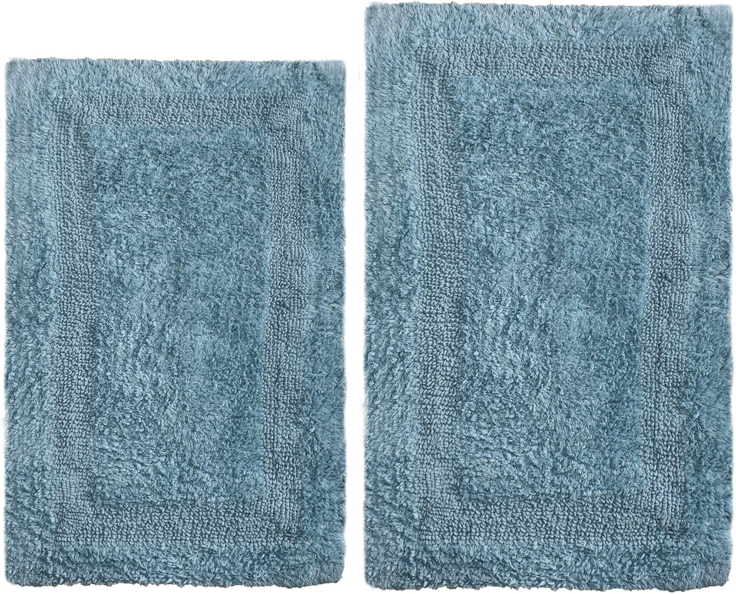 Thick Bathroom Rugs Set 2Piece in 100 Cotton 21x34/17x24 Spa Blue, Reversible Bath