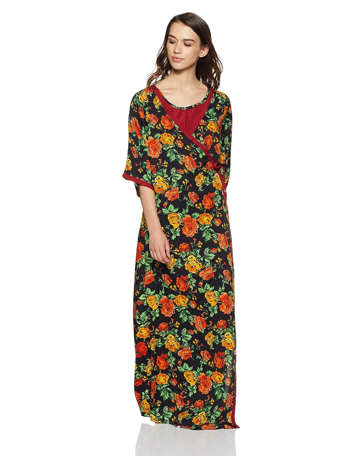 clovia womens crepe nighty with floral print robe