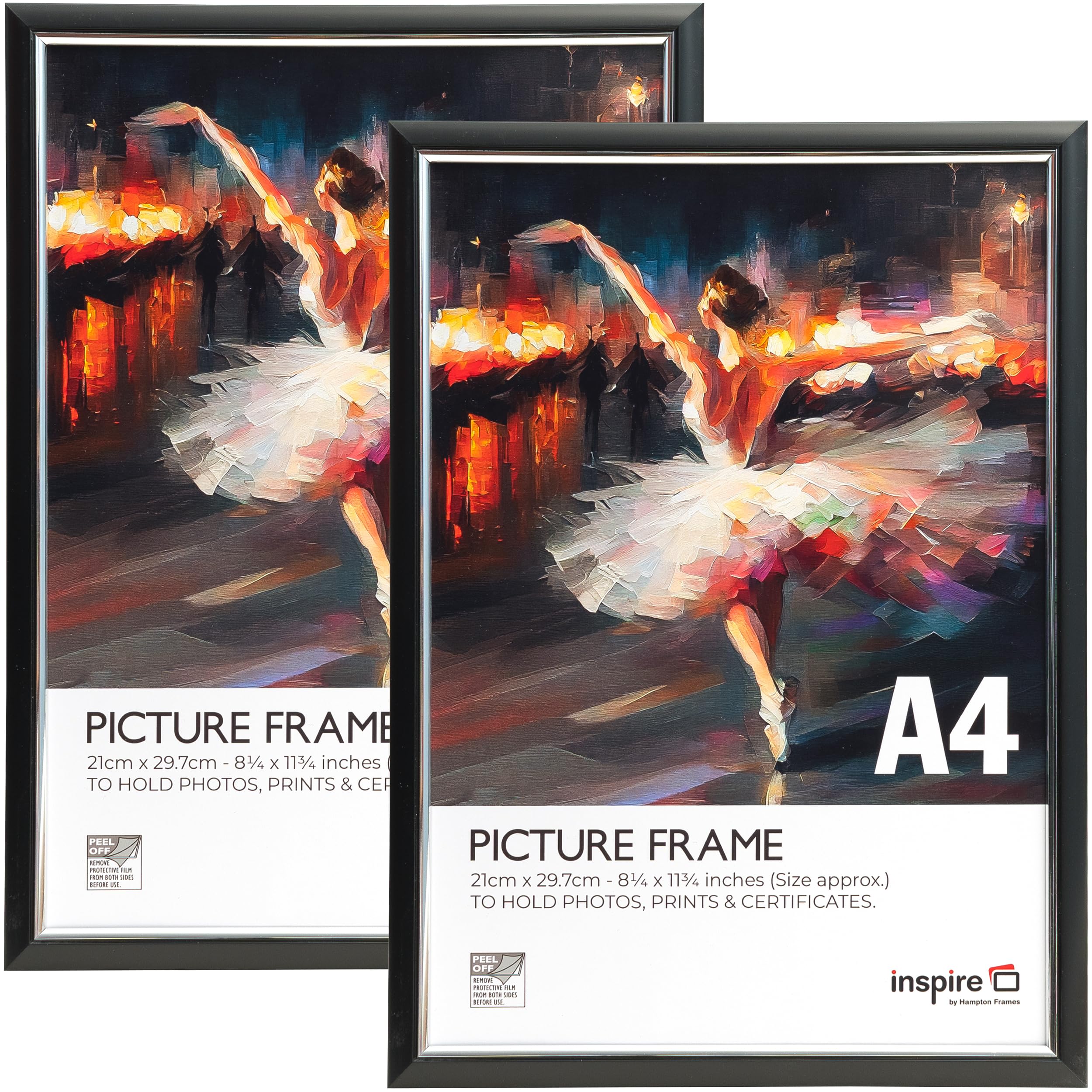 inspire by Hampton Frames | Picture Poster Frame | A4 (21x30cm), Black, 2-Pack, Plastic, Foil Wrapped | Acrylic Non-Glass Front, Wall Mount or Freestanding | For Photo, Certificate, Artwork Display