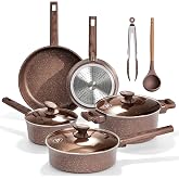 Kitchen Academy 10Pcs Induction Pots &amp; Pans Set Non Stick, Brown | Nonstick Cookware Set, Healthy Non Toxic Cooking Pans and Pots, Easy to Clean, PFOA&amp;PFAS Free