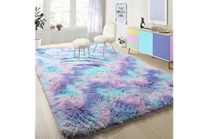 PAGISOFE Cute Furry Pastel Rug for Girls Bedroom, Soft Shag Rainbow Purple Tent Rugs for Livingroom, Kids Room, Playroom Nursery Home Decor, Plush Mermaid Kawaii Rug Fluffy Fuzzy Carpet 4x6 Area Rug