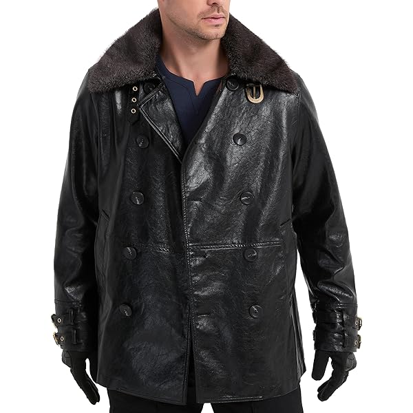 TZMAPU Men's Faux Leather Motorcycle Trench Coat Black Long Punk