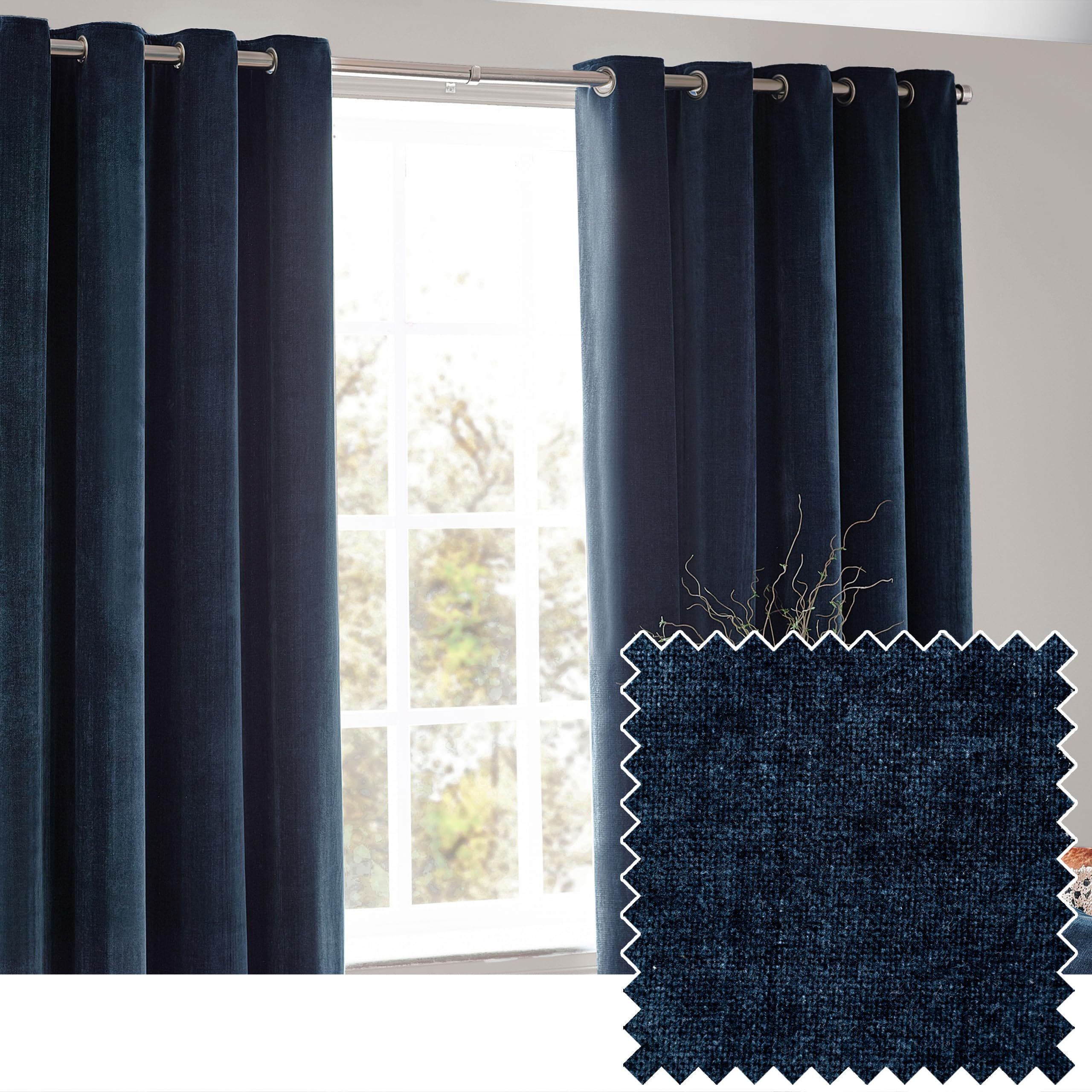 Yard Heavy Chenille Eyelet Curtain Pair – Lined Room Darkening, Soft Velvet Home Décor (Navy - Width 229 x Drop 137cm)