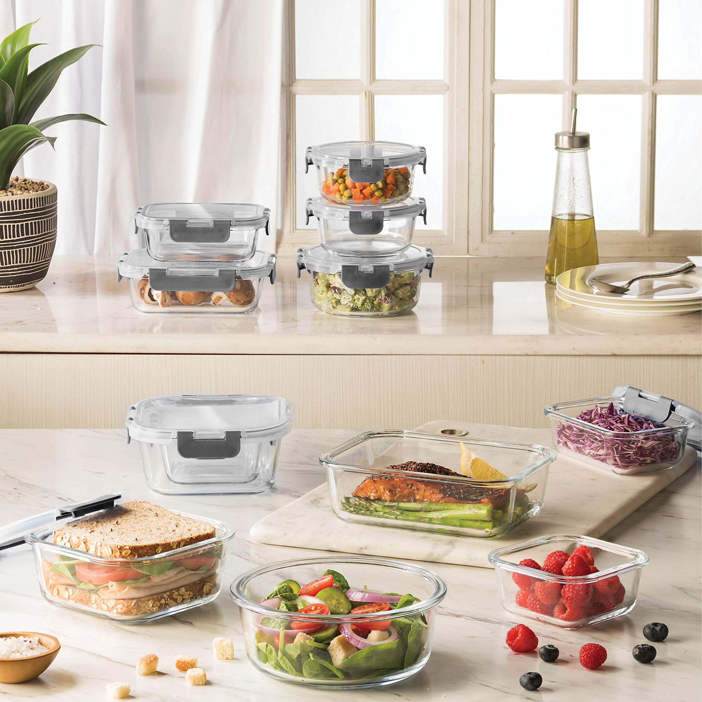 Glass Food Storage Containers Set, BPA Free Hinged Locking Lids, 100% Leak Proof Glass Meal Prep Containers, Perfect For On The Go Or Freezer, Oven Safe Food Containers