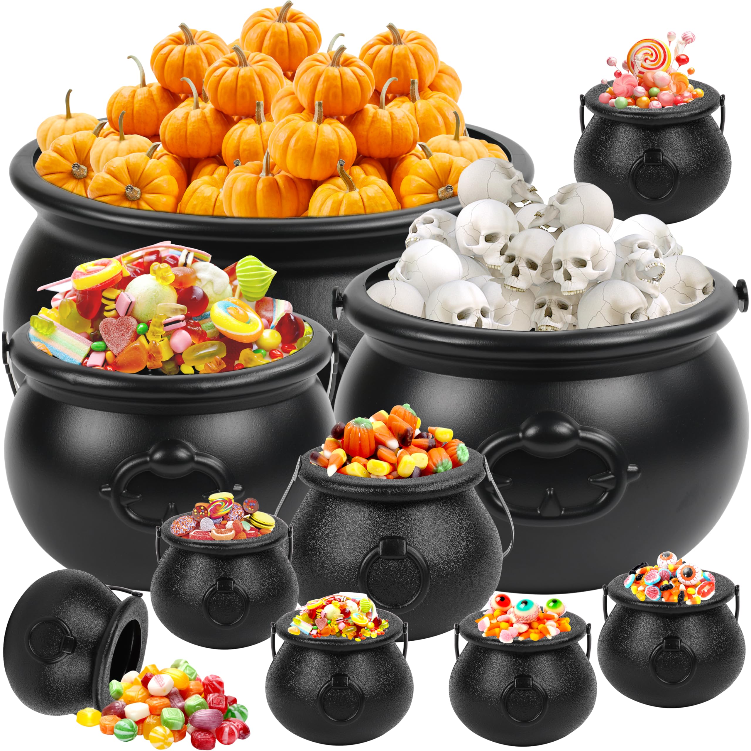 Photo 1 of 10 Pcs Halloween Large Witch Cauldron Kettles, 12.8”, 9.8”, 7.7”, 5.7”, 2.8” Black Plastic Witch Pots Candy Holder Treats & Punch Bowl for Halloween Indoor Outdoor Home Party Supply