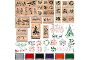 Marspark 22 Pcs Christmas Wooden Rubber Stamps and Craft Ink Pads Set Mixed Christmas DIY Cards Wooden Rubber Stamps for Party Scrapbooking Cards Making Supplies Gift Decor