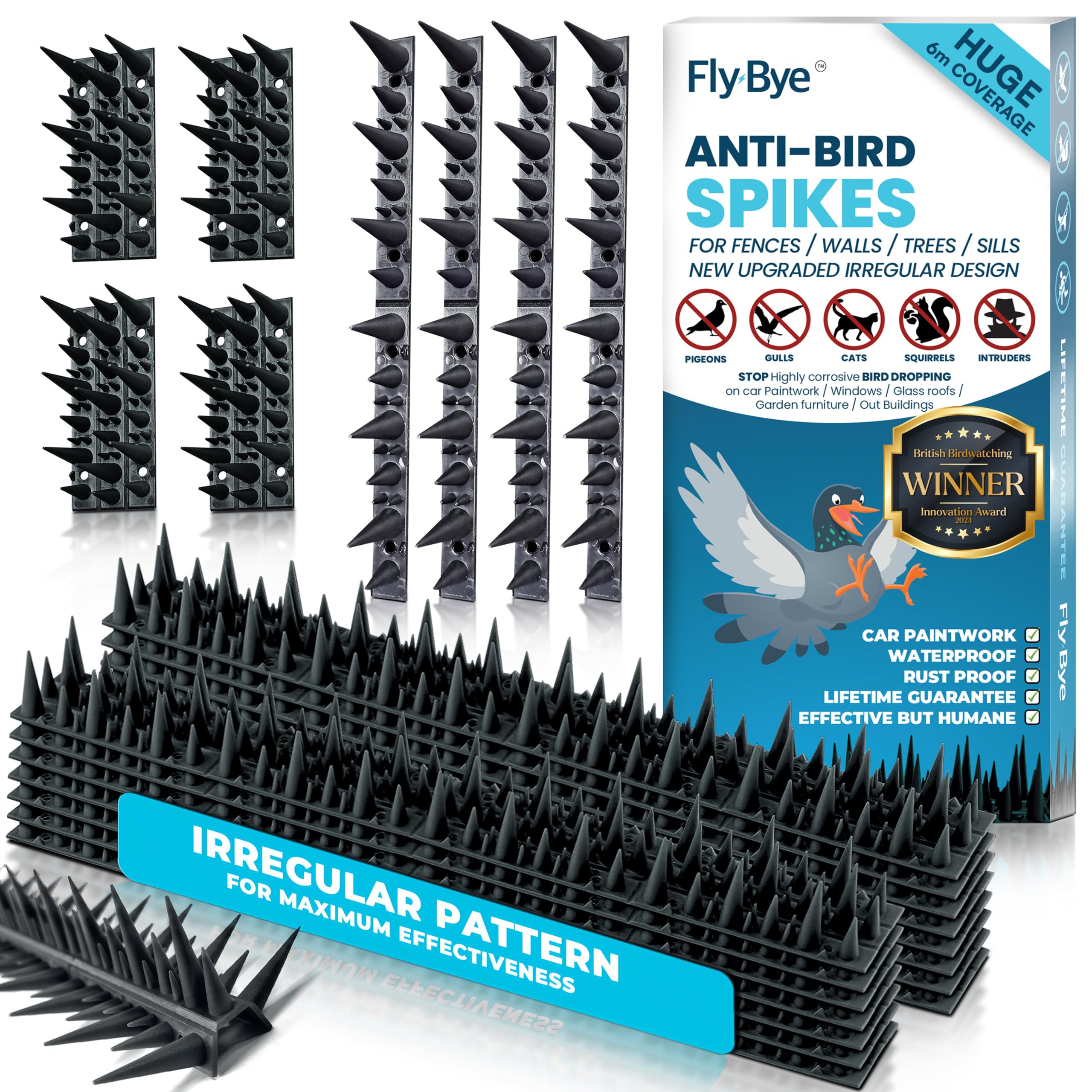Fly-Bye Anti Bird Spikes - 6m Coverage with 2500+ Spikes - Pigeon and Bird Deterrent for Walls, Fences, Roofs - Irregular Design for Effective Cat and Bird Control Outdoors
