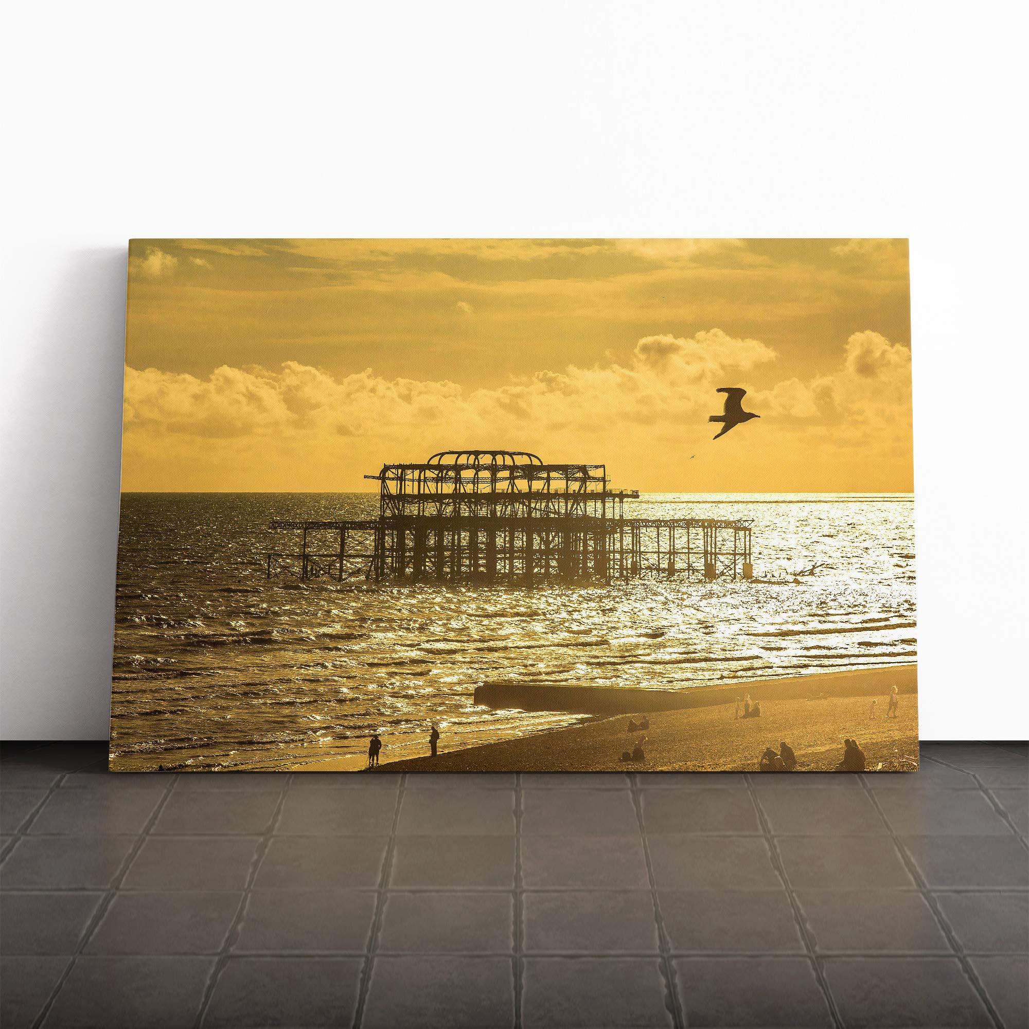Brighton West Pier Beach Seascape Sunset Canvas Print | Gallery Wrapped 30mm Frame Wall Art | 20x14 inches | Ready to Hang | Modern Seascape Picture | Living Room Bedroom Lounge Office