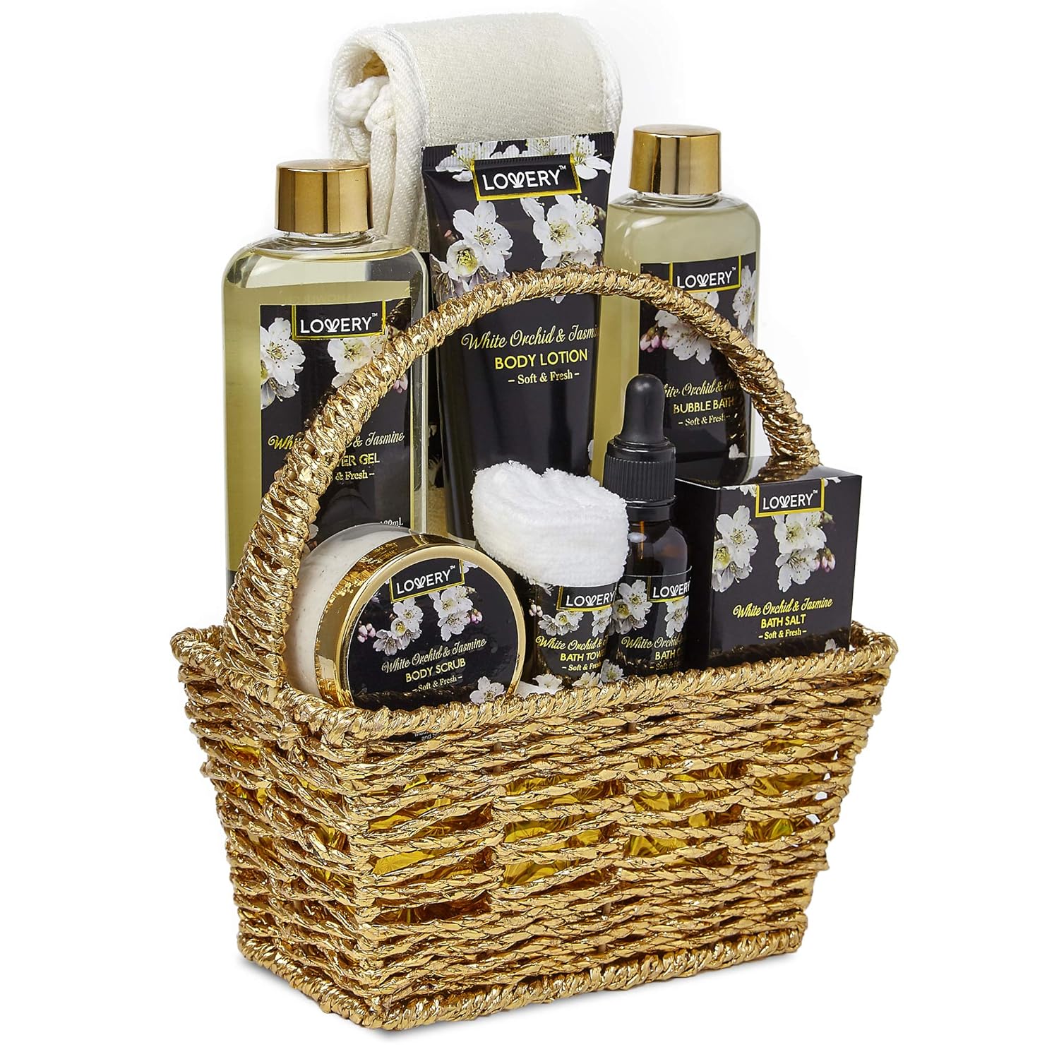 Bath and Body Gift Basket for Women and Men – Orchid and Jasmine Home Spa Set With Body Scrubs, Lotions, Oils, Gels and More - 9 Piece Set : Beauty