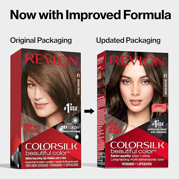 REVLON COLORSILK BEAUTIFUL COLOR PERMANENT HAIR COLOR, LONG-LASTING HIGH-DEFINITION COLOR, SHINE & SILKY SOFTNESS WITH 100% GRAY COVERAGE, AMMONIA FREE, 041 MEDIUM BROWN, 1 PACK