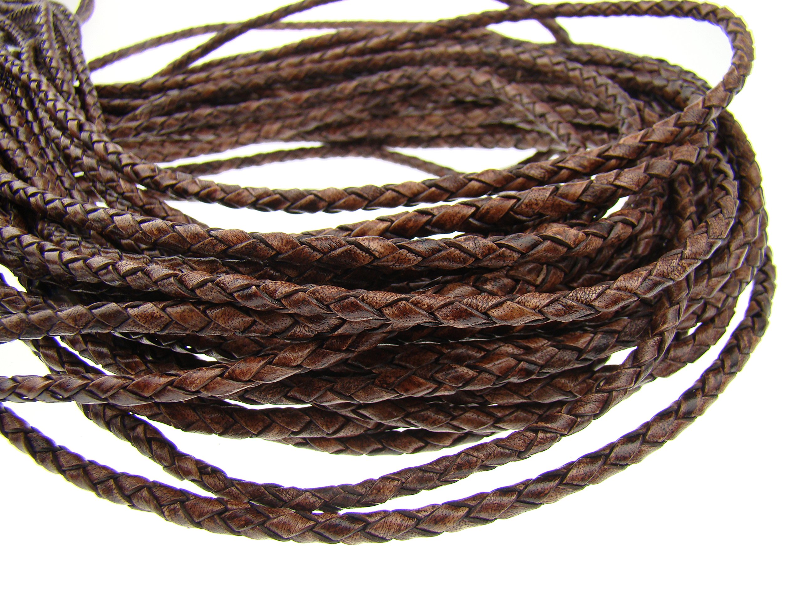 Plaited leather cord round 4 mm. Antique dark brown - length: selectable, Antique Dark Brown, 10 metres