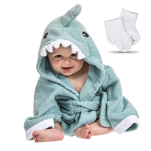 Lil Cuties Hooded Towel for Baby - Blue Shark comes with a pair of baby socks