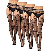 Bencailor 4 Pairs Women Fishnet Thigh High Stockings Suspender Patterned Tights Black Garter Belts Pantyhose Tights for Women
