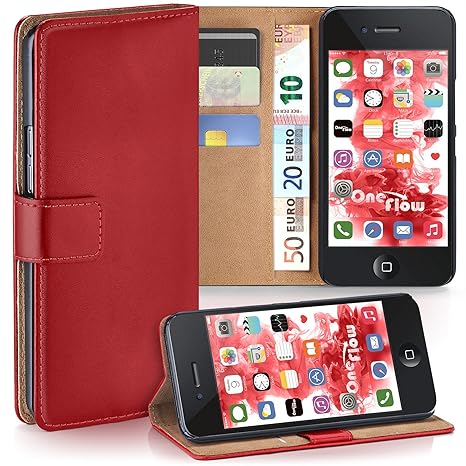 moex iPhone 4S | Hülle Rot mit Karten-Fach 360° Book Klapp-Hülle Handytasche Kunst-Leder Handyhülle für iPhone 4/4S Case Flip
