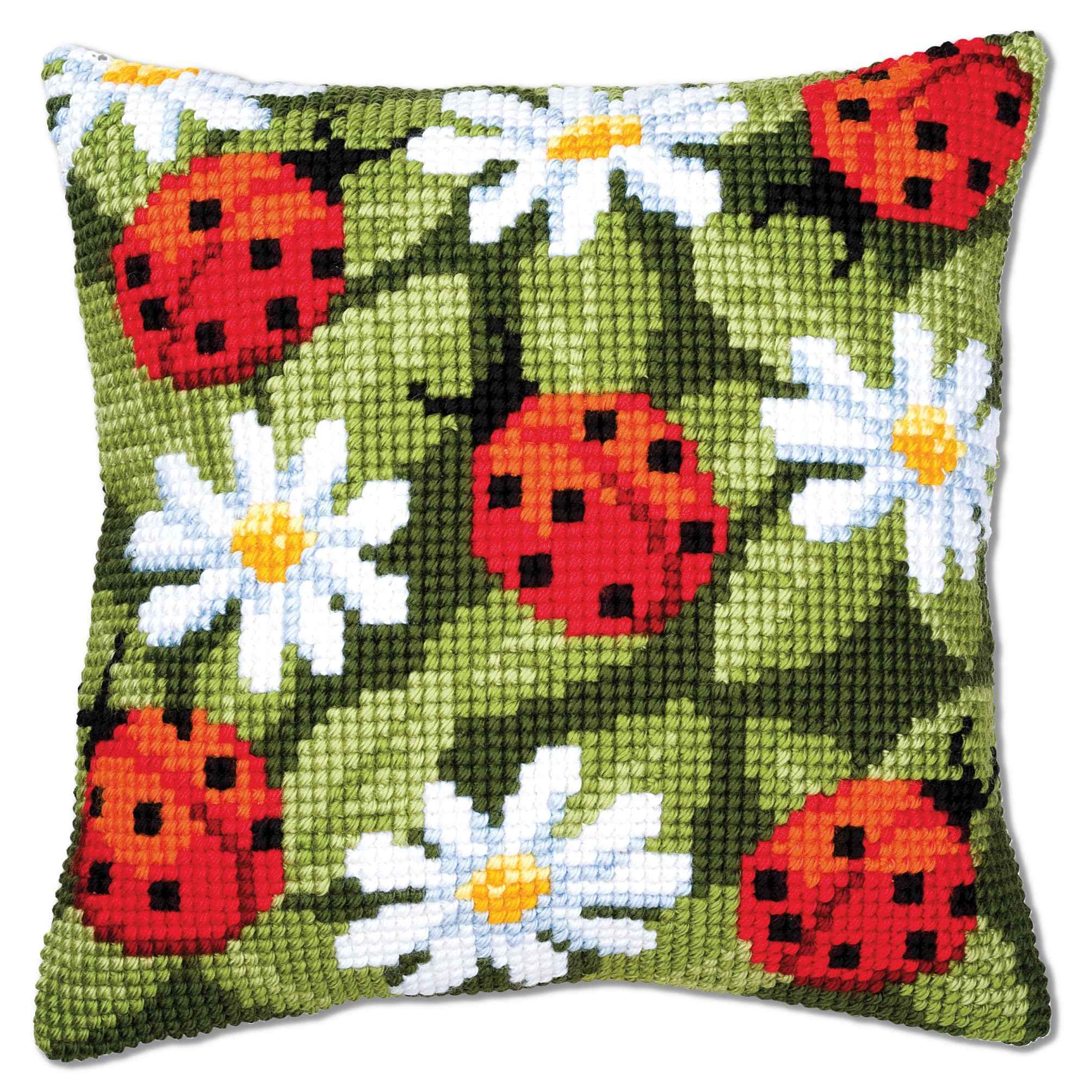 Vervaco Ladybird and Flowers Cross Stitch Cushion, Multi-Colour