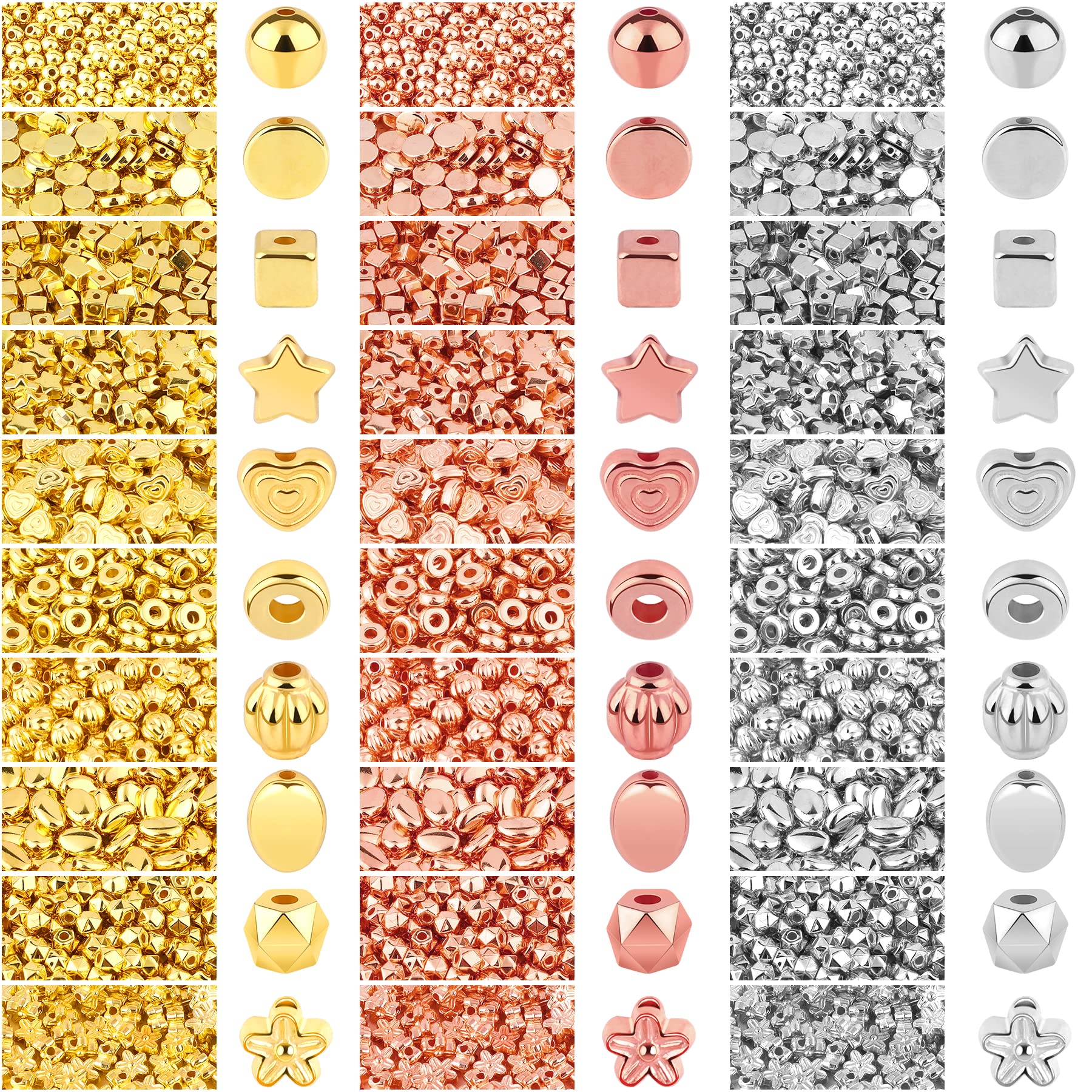Photo 1 of 1500Pcs 10 Styles Spacer Beads Assorted Loose Beads for DIY Bracelet Necklace Earring (Gold, Sliver, Rose Gold)
