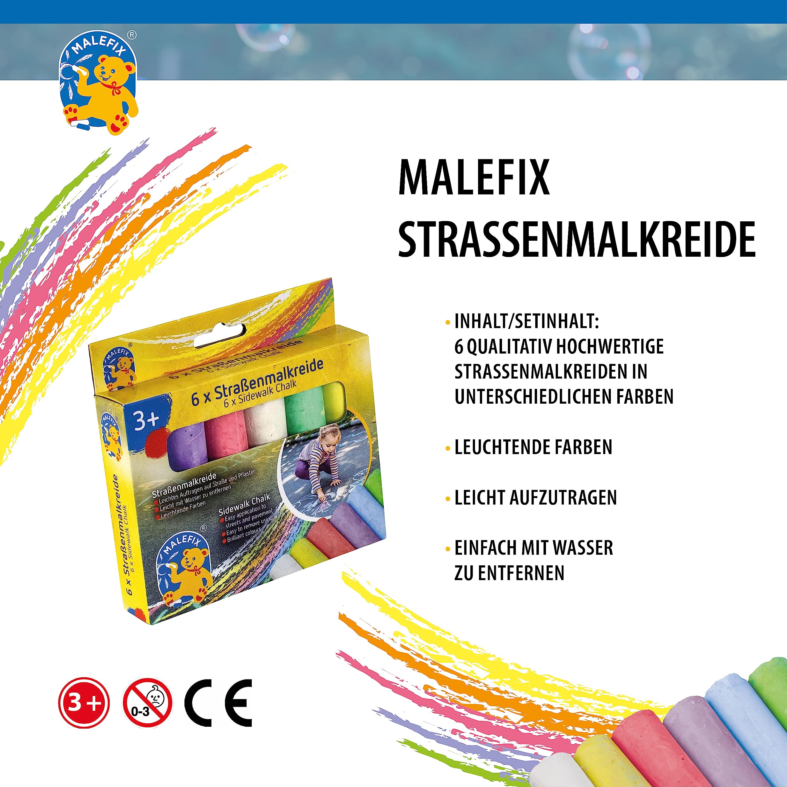 MALEFIX Straßenmalkreide 6er Packung I Malkreide für Kinder und Erwachsene I Vielfalt an Farben I Leuchtend und Kräftig I Wasserlösliche und hochwertige Kreide von Pustefix I für Straße u. Hof 4