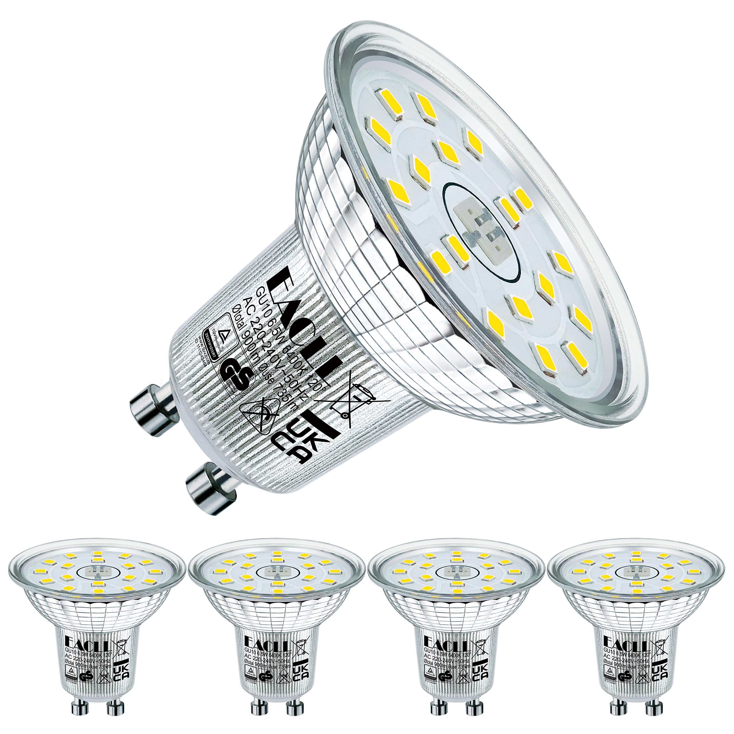EACLL GU10 LED Bulbs Cool White 6.5W Replaces 100W Halogen Bulbs, Pack of 4, 900 Lumen 6400K, AC 230 V Flicker-Free Spotlight Beam Angle 120° Spot, Non-Dimmable Shorter Reflector Lamps