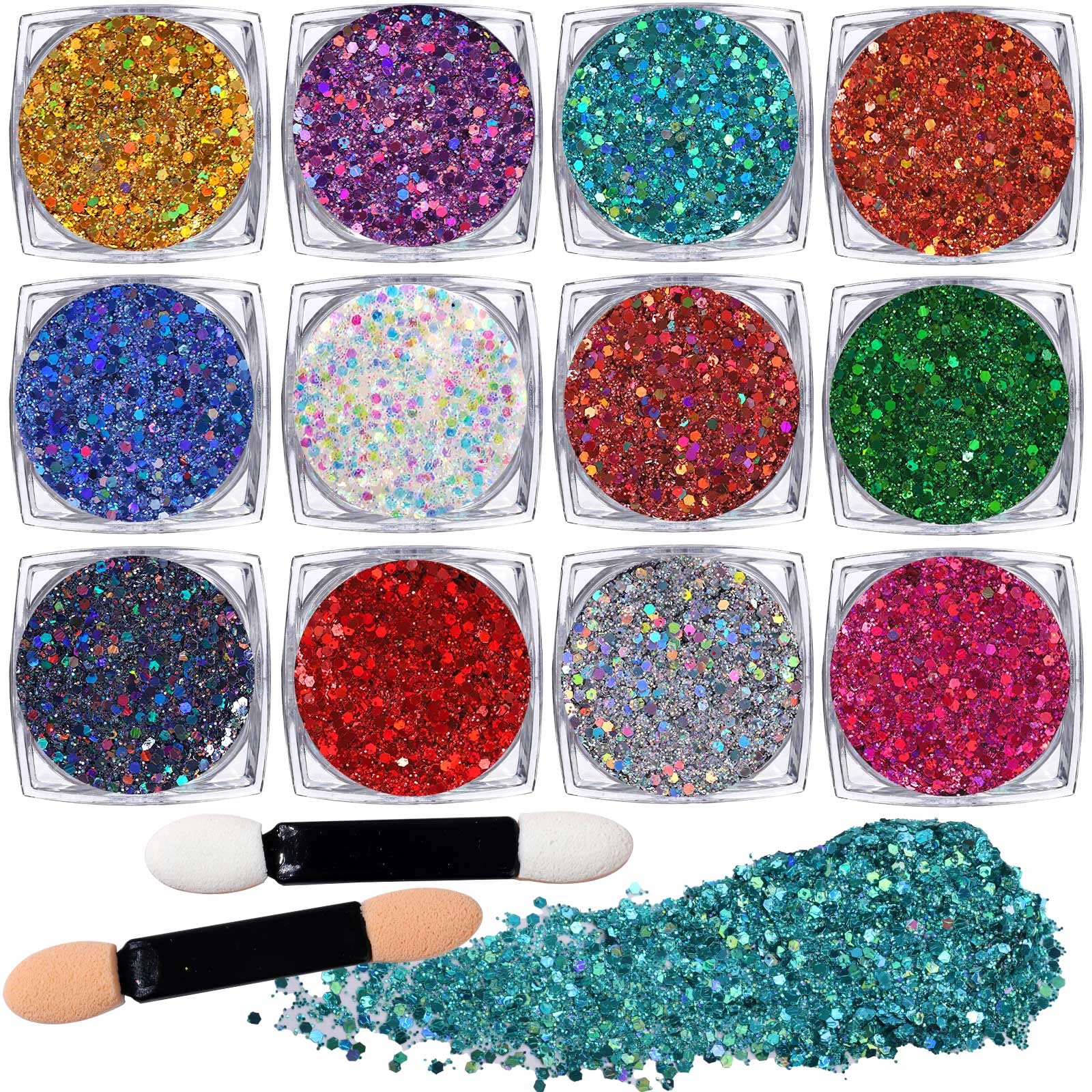 LEOBRO 12Pcs Body & Hair Glitter Gel, Fine Glitter Sequins for Festival Makeup Face, Body, Hair, Eye 1MM/0.1MM