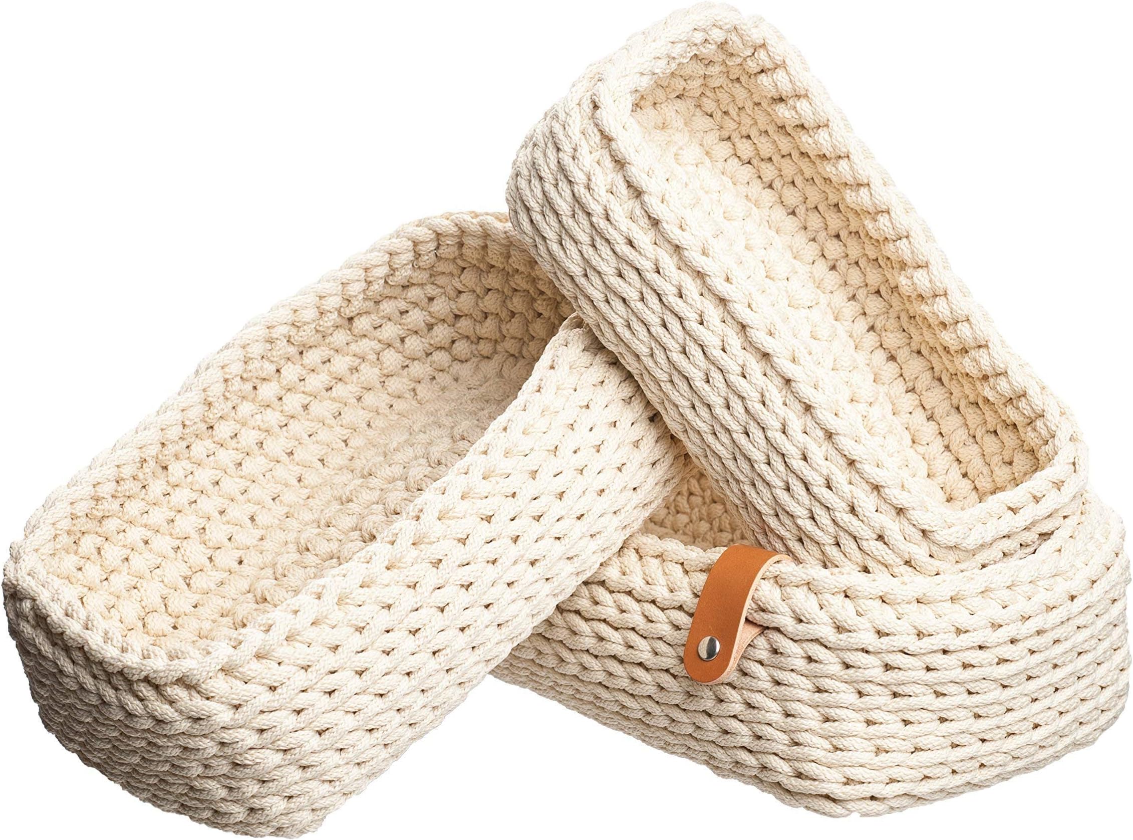 White Vanilla Crochet Nesting Set of 3 baskets Rounded rectangular W17xL30xH9 / W15xL27xH8 / W13xL24xH7 Handmade Storage baskets Home organizer Bathroom storage Table decor