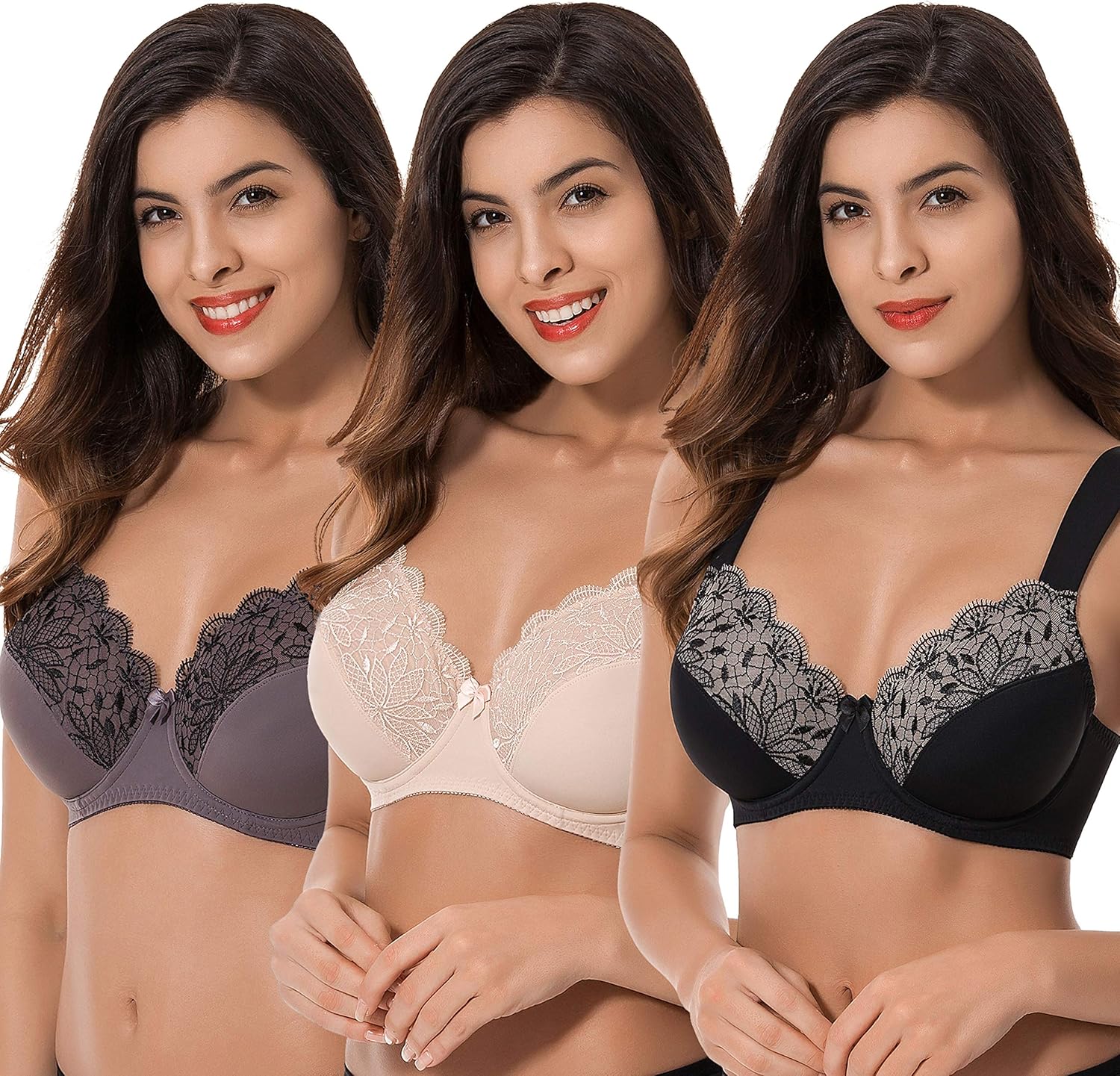 Curve Muse Plus Size Unlined Minimizer Underwire Bra with Embroidery Lace-3 Pack at  Women’s Clothing store