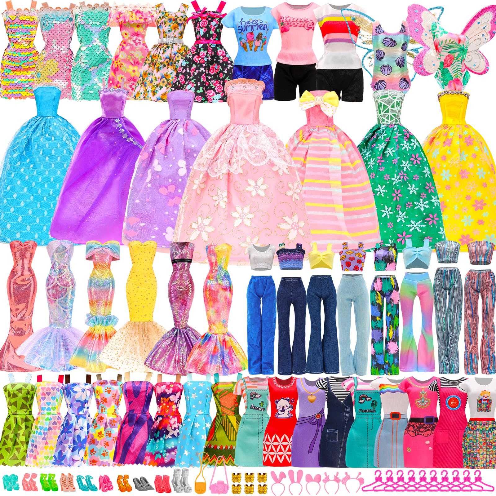 Miunana 54 Pcs 11.5 inch Doll Clothes & Accessories: Fashion Sequin Floral Dresses Tops Pants Swimsuits Party Dresses Wings Costume Shoes Hangers for Doll - Random Style Gifts for Girls — image 1