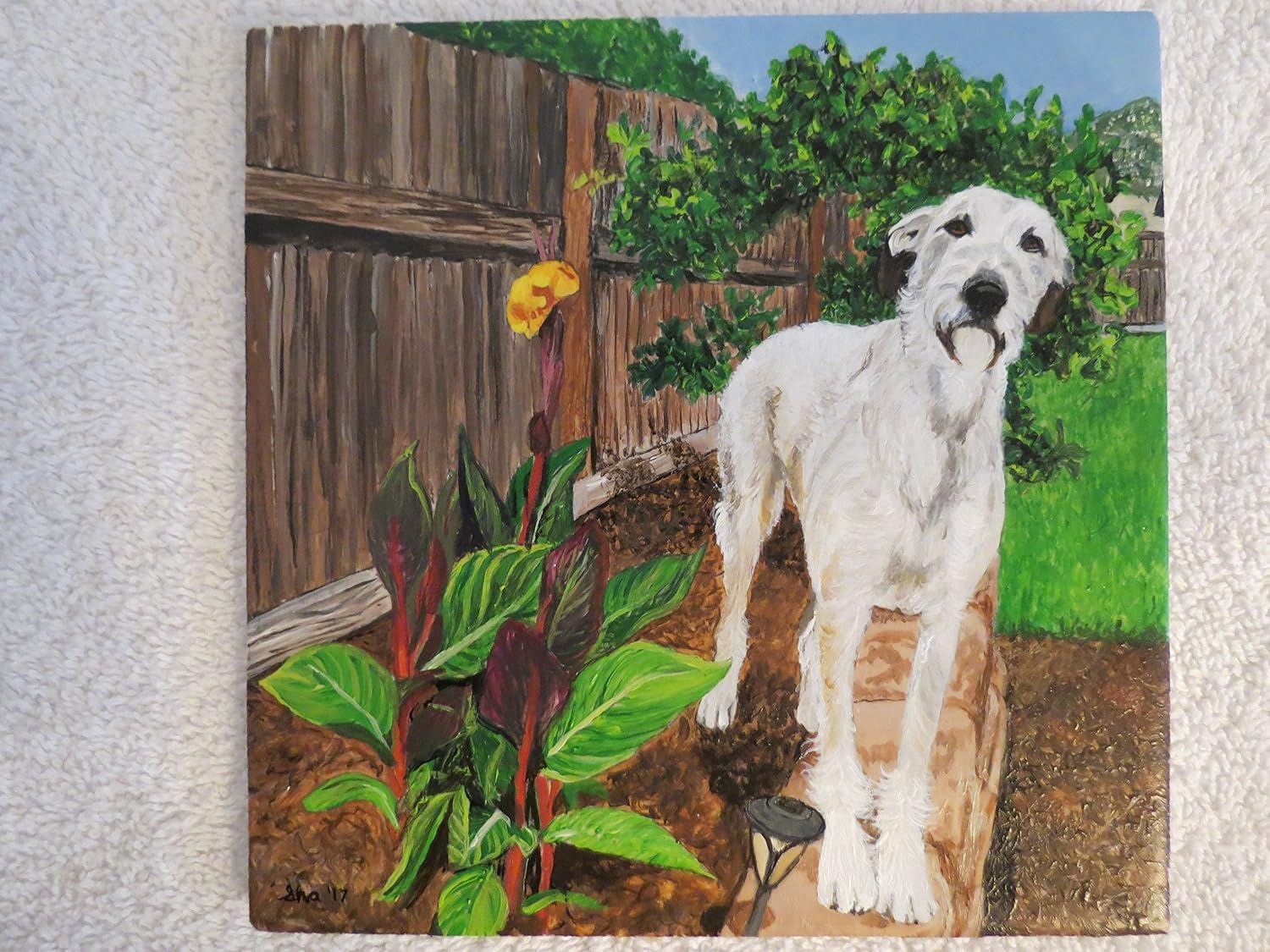 Paintings - Pet Portrait Hand Painted Tile 6 x 6 inch by Shannon Ivins Irish Wolfhound in The Garden