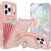 Casewind for iPhone 17 Pro Case Wallet with Screen Protector [5 Card Holder],Glitter PU Leather RFID Blocking Case with 360° Ring Stand Women Girls Shockproof Phone Cover for iPhone 17 Pro,Rose Gold
