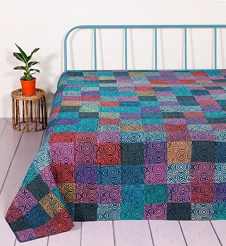 HANDICRAFT-PALACE Patchwork Quilt Bedspread Double Size Gudari Bed Cover Block Printed Cotton Kantha Quilts (Multicolor)