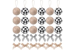 SUILUNG 30 Pcs Christmas Tree Ornaments Decorations,18 Buffalo Plaid Burlap Farmhouse 2.4in Christmas Ball Ornament with 12 Mini Plaid Burlap Bows for Country Rustic Xmas Home Decor Indoor(White Black)