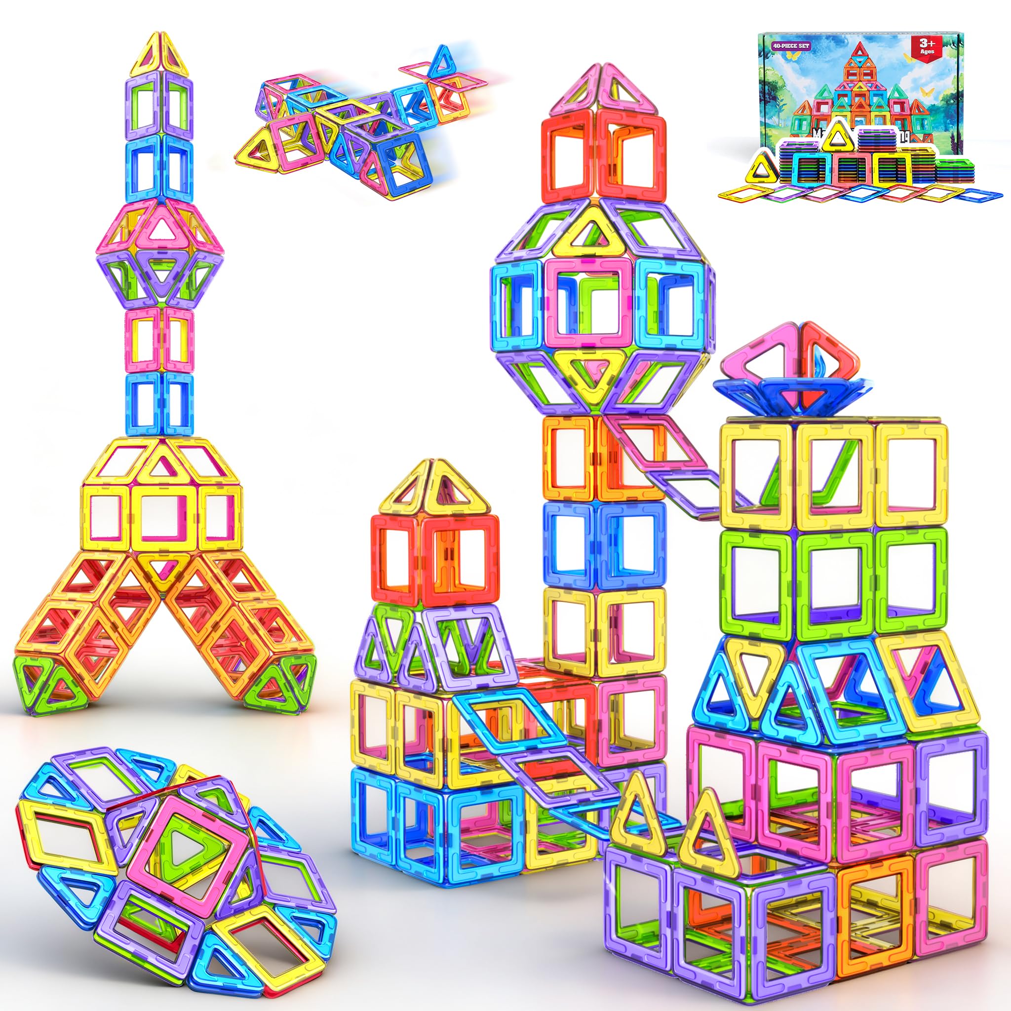 COOLJOY Magnetic Tiles for Kids, Magnetic Building Blocks, 40PCS Magnetics Construction Block Games, Learning Educational Construction Toys Easter gifts for Boys Girls 3 4 5 6 Year Old