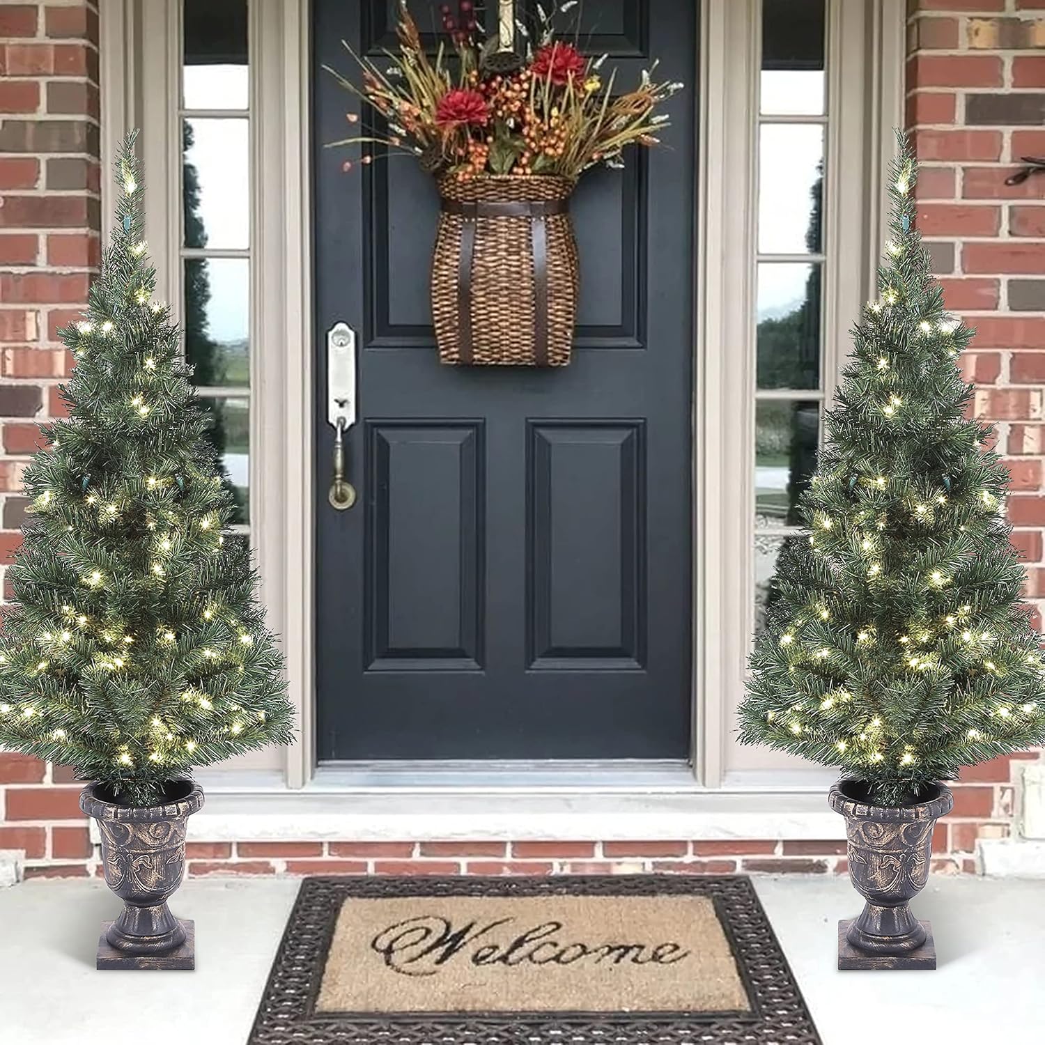 Trees - LuxenHome Set of 2 Small Christmas Tree with Lights, 4FT Artificial Christmas Tree, 2 Pack Mini Christmas Tree Prelit with Pine Cone and Urn Pot Stand, Lighted Pine Tree Christmas Decorations