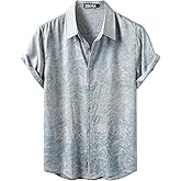 ZEROYAA Mens Summer Short-Sleeve Shirts Regular-Fit Satin Jacquard Button Down Tops for Vacation Party