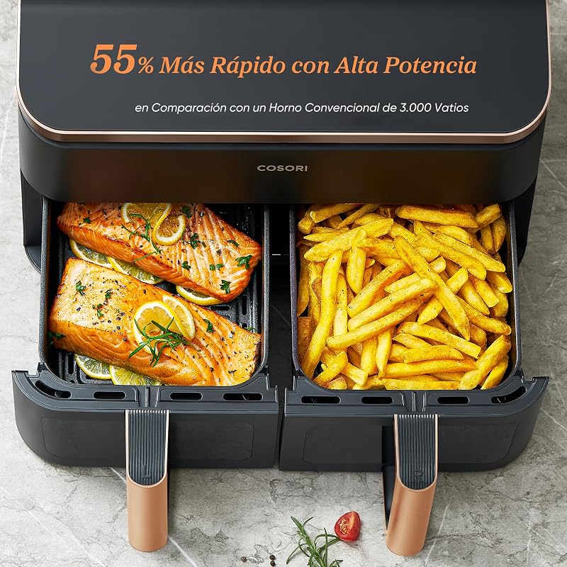 Fritadeira cosori air com cesta dupla fritadeira air 8,5l, capacidade adequada, mais saudável, acabamento sync, 2-4 pessoas, 10 em 1, 35-230 ℃, fácil de usar, rápido e crocante, interior em aço inoxidável, dourado