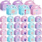 Dunzoom 24 Pcs Mermaid Party Favors Treat Boxes Shell Pearl Mermaid Goodie Bags Candy Gift Bags Ocean Gable Box with Handles for Girls Under The Sea Birthday Party Supplies