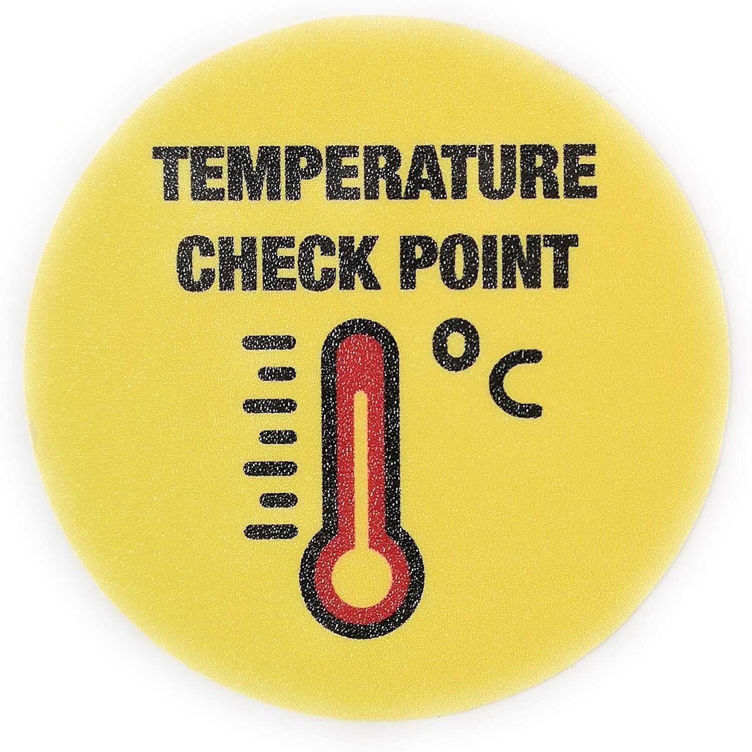 Removable Self Adhesive Vinyl"Temperature Check Point" Social Distancing Sign 10cm Diameter, Yellow