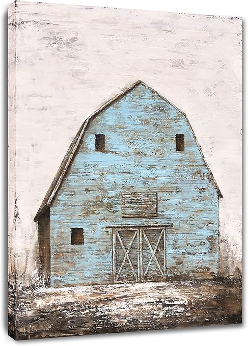Amazon Com Yihui Arts Modern Abstract Farmhouse Wall Art Hand Painted Teal And Blue Barn Painting Pictures For Living Room Decoration Paintings
